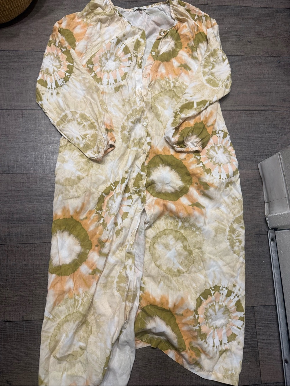 Button-Front Tie-Dye Maxi Dress in Olive, Peach, and White